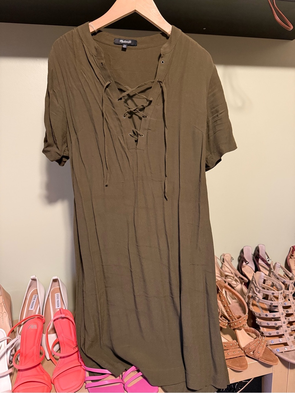 Madewell Olive Green Lace-Up Short Sleeve Dress